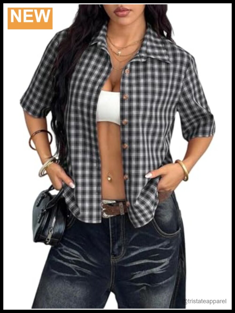 Y2K Cropped Plaid Button-Up Shirt Short Sleeve 100% Polyester